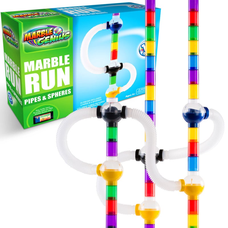 Marble Genius Marble Run Pipes & Spheres Accessory Add-on Set - 10 Pieces Total (4 Pipes  1 Ramp Sphere  1 Alternating Sphere  1 Straight Sphere  & 3 Tube Spheres)  with Instruction App Access - Image 1